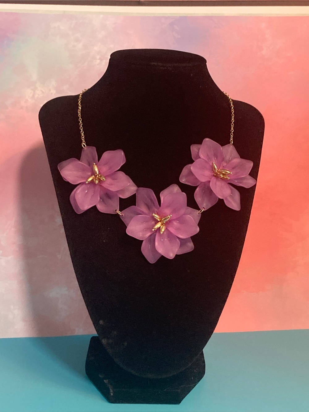 3 Purple Flowers- Floral Statement Necklace